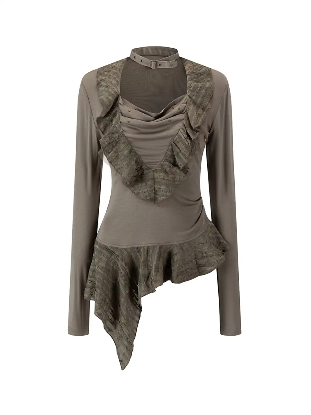 CestNous | Asymmetrical Ruffle Detail Long Sleeve Top