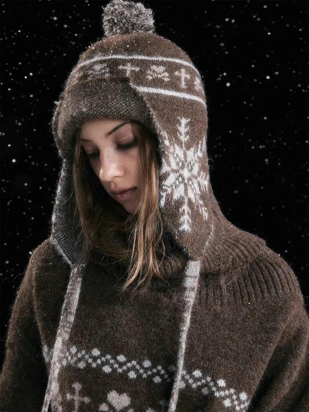 CestNous | Pom-Pom Tassel Striped Snowflake Knit Hat