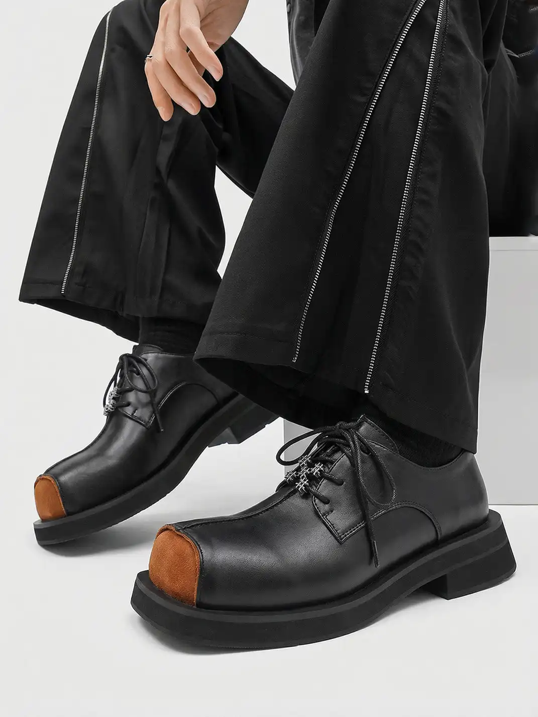 PINJIAHUI | Suede Patchwork Square-toe Derby Shoes