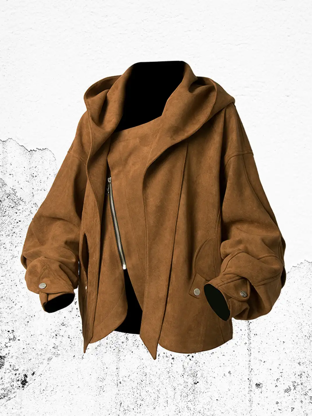 RELABEL | Asymmetrical-Zip Detachable-Hood Suede Jacket