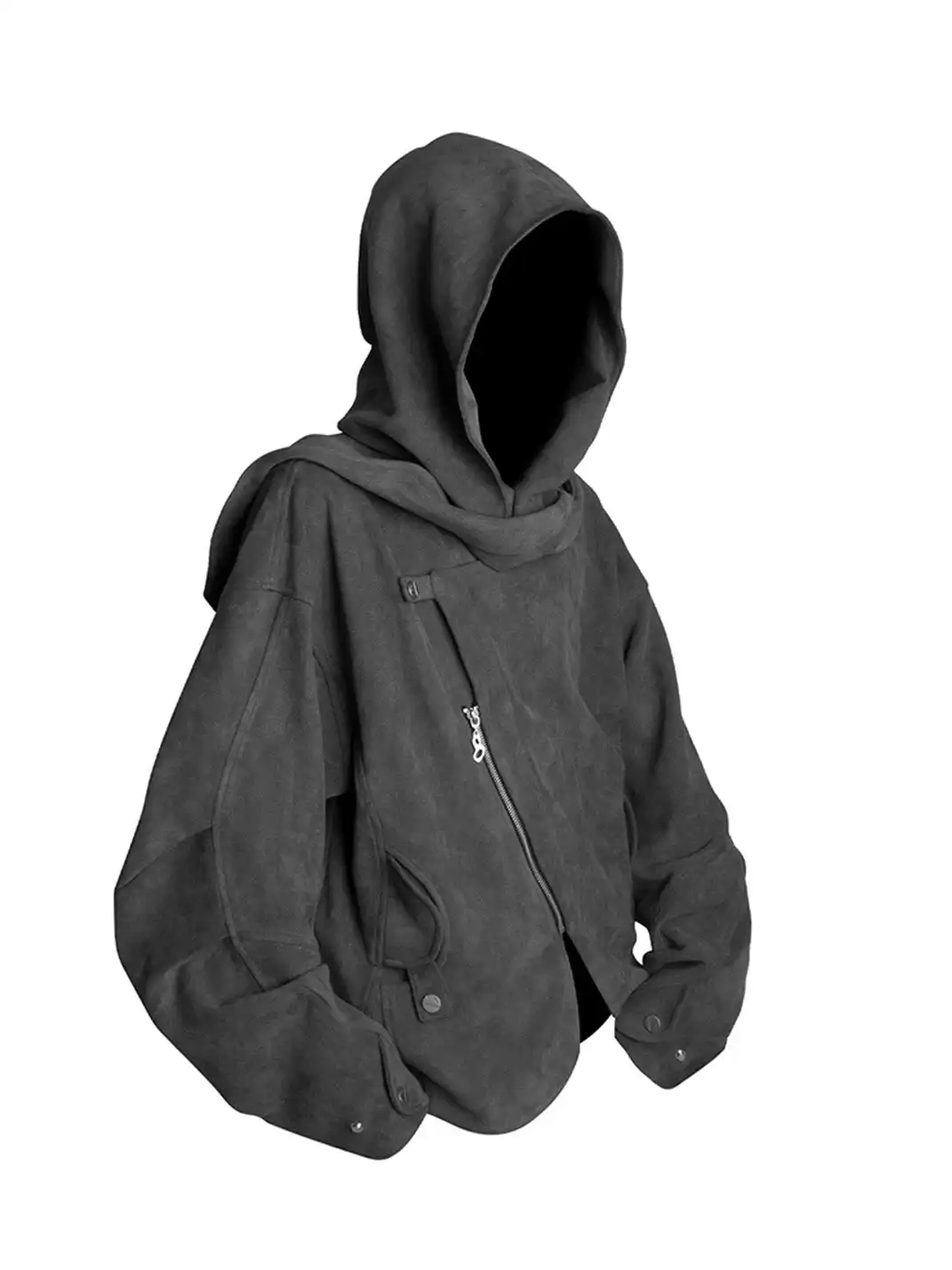 RELABEL | Asymmetrical-Zip Detachable-Hood Suede Jacket