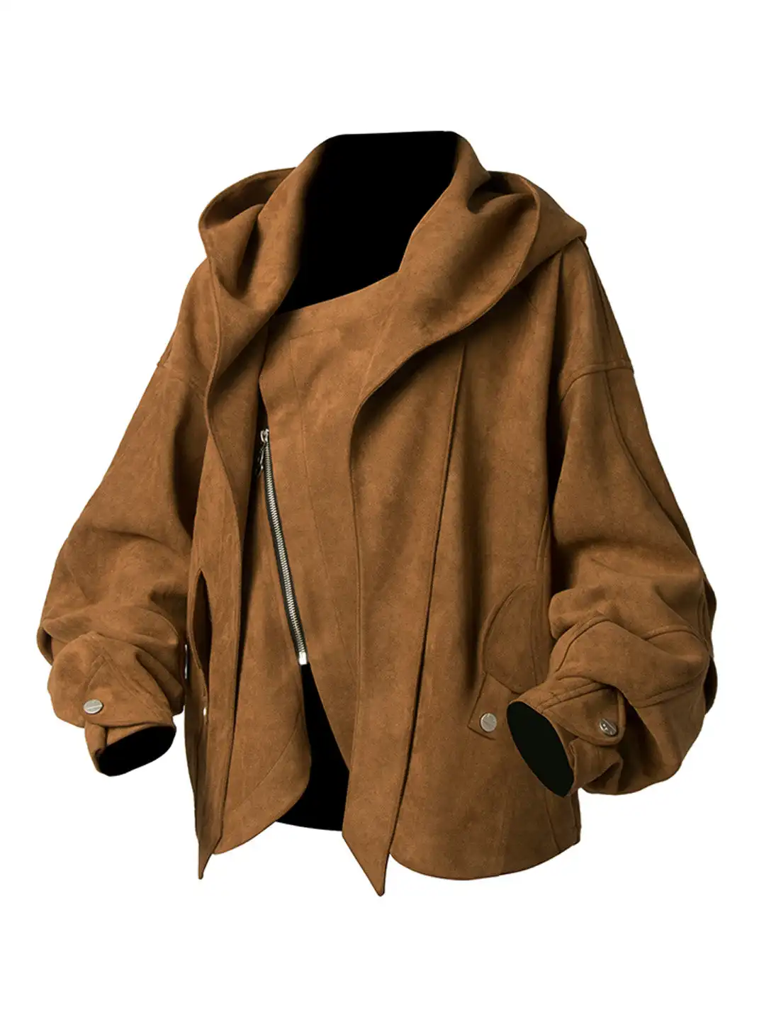 RELABEL | Asymmetrical-Zip Detachable-Hood Suede Jacket