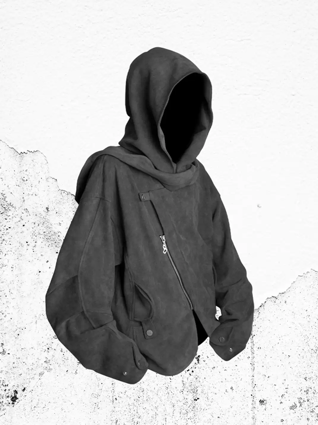 RELABEL | Asymmetrical-Zip Detachable-Hood Suede Jacket