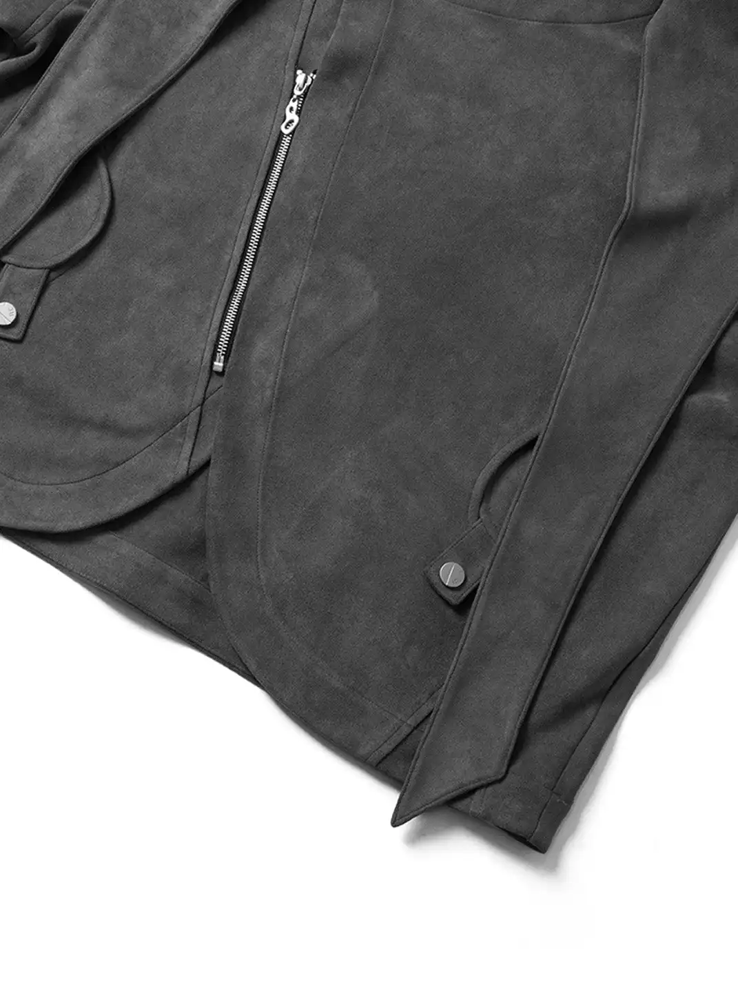 RELABEL | Asymmetrical-Zip Detachable-Hood Suede Jacket