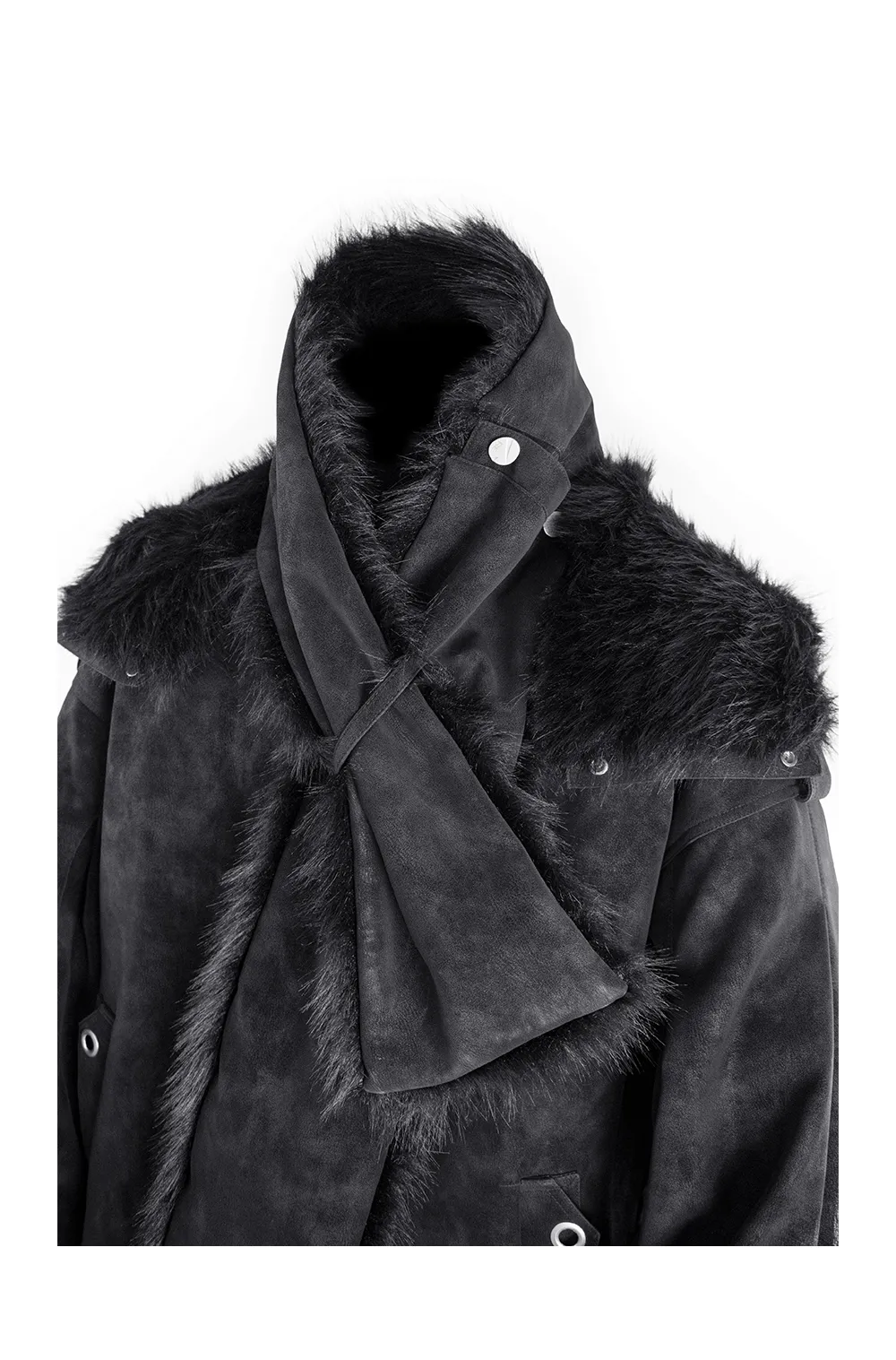RELABEL | Detachable Plush Scarf Hooded Suede Jacket