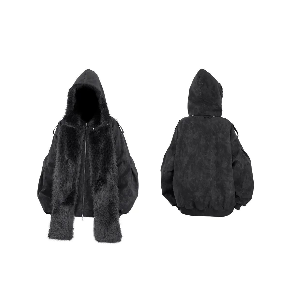 RELABEL | Detachable Plush Scarf Hooded Suede Jacket