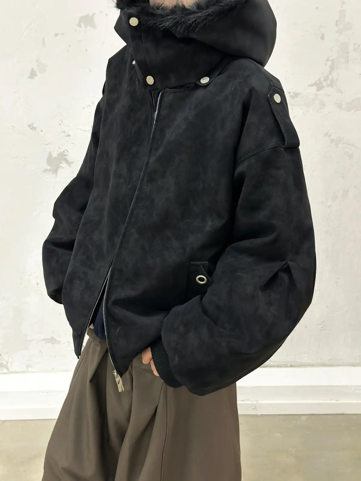 RELABEL | Detachable Plush Scarf Hooded Suede Jacket