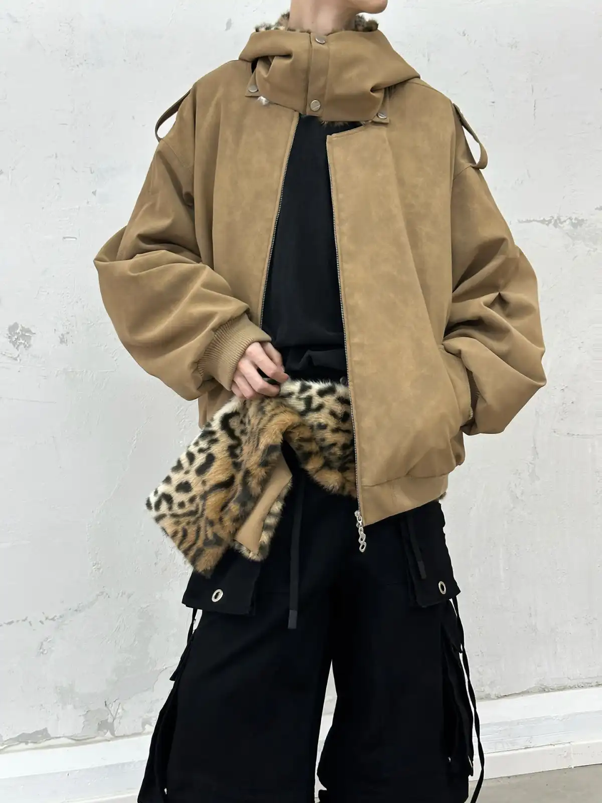 RELABEL | Detachable Plush Scarf Hooded Suede Jacket