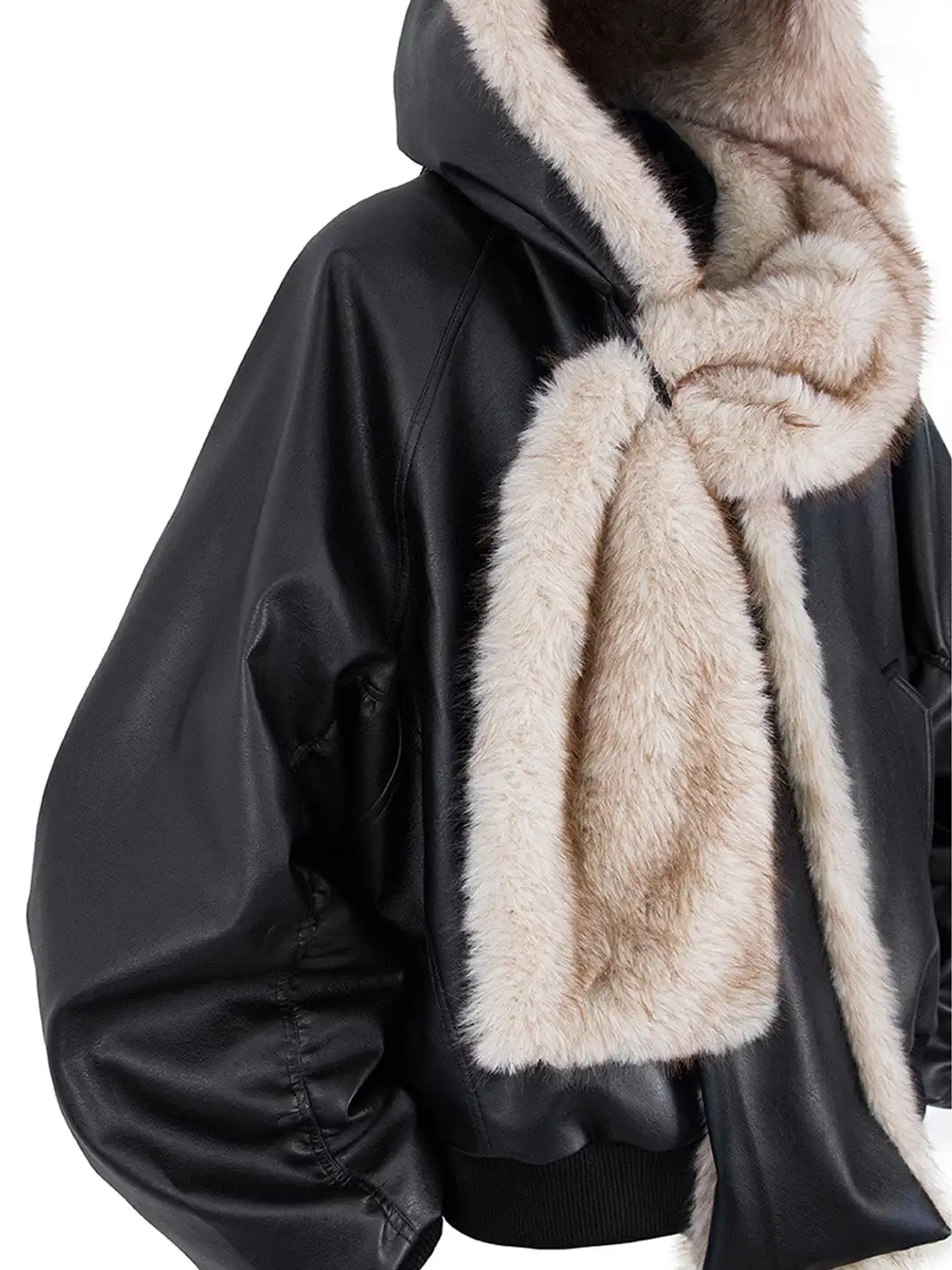 RELABEL | Detachable Plush Scarf Ruched Hooded Jacket