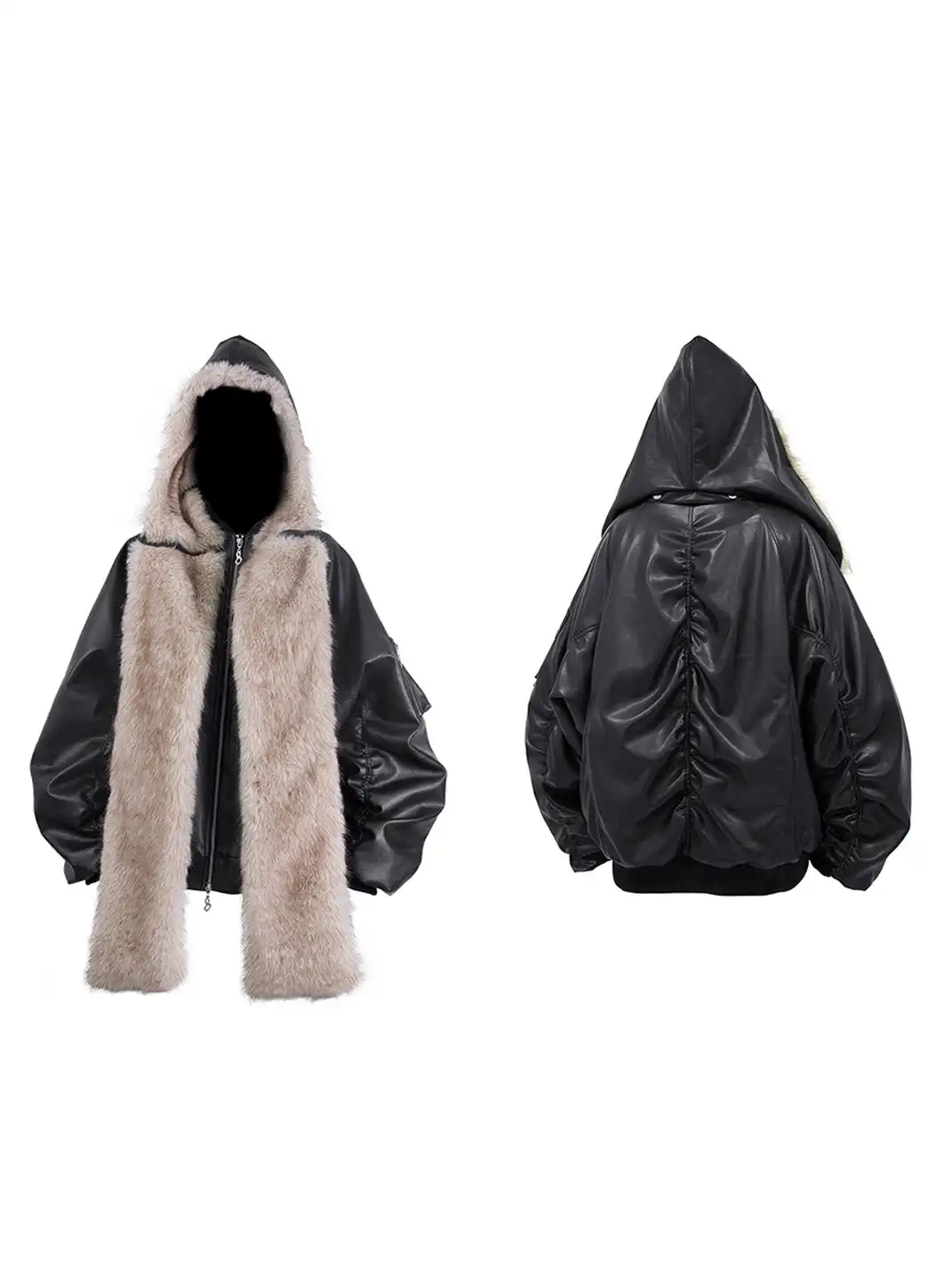 RELABEL | Detachable Plush Scarf Ruched Hooded Jacket