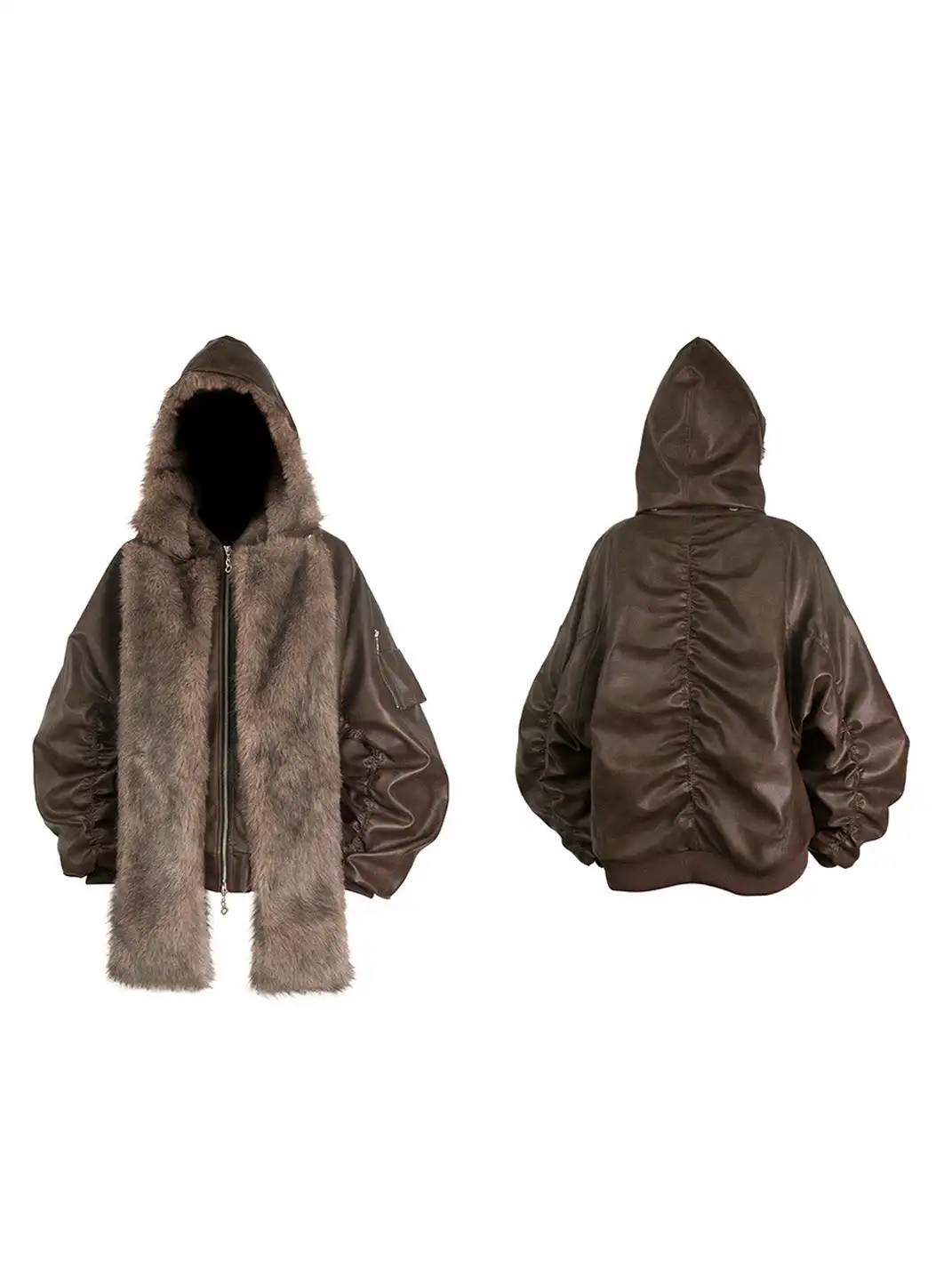 RELABEL | Detachable Plush Scarf Ruched Hooded Jacket