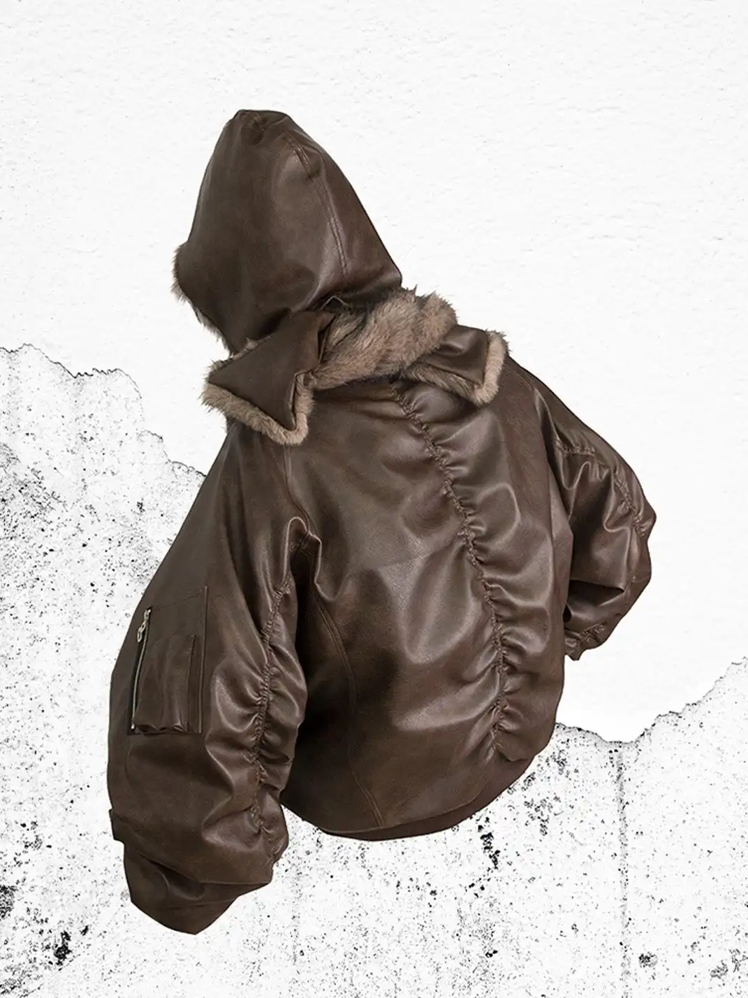RELABEL | Detachable Plush Scarf Ruched Hooded Jacket