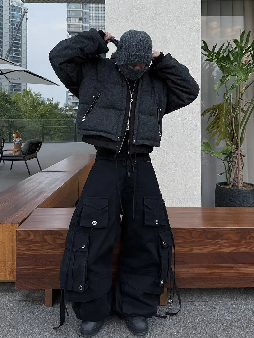 RELABEL | Layered Detachable Hood Wool-Blend Puffer Jacket