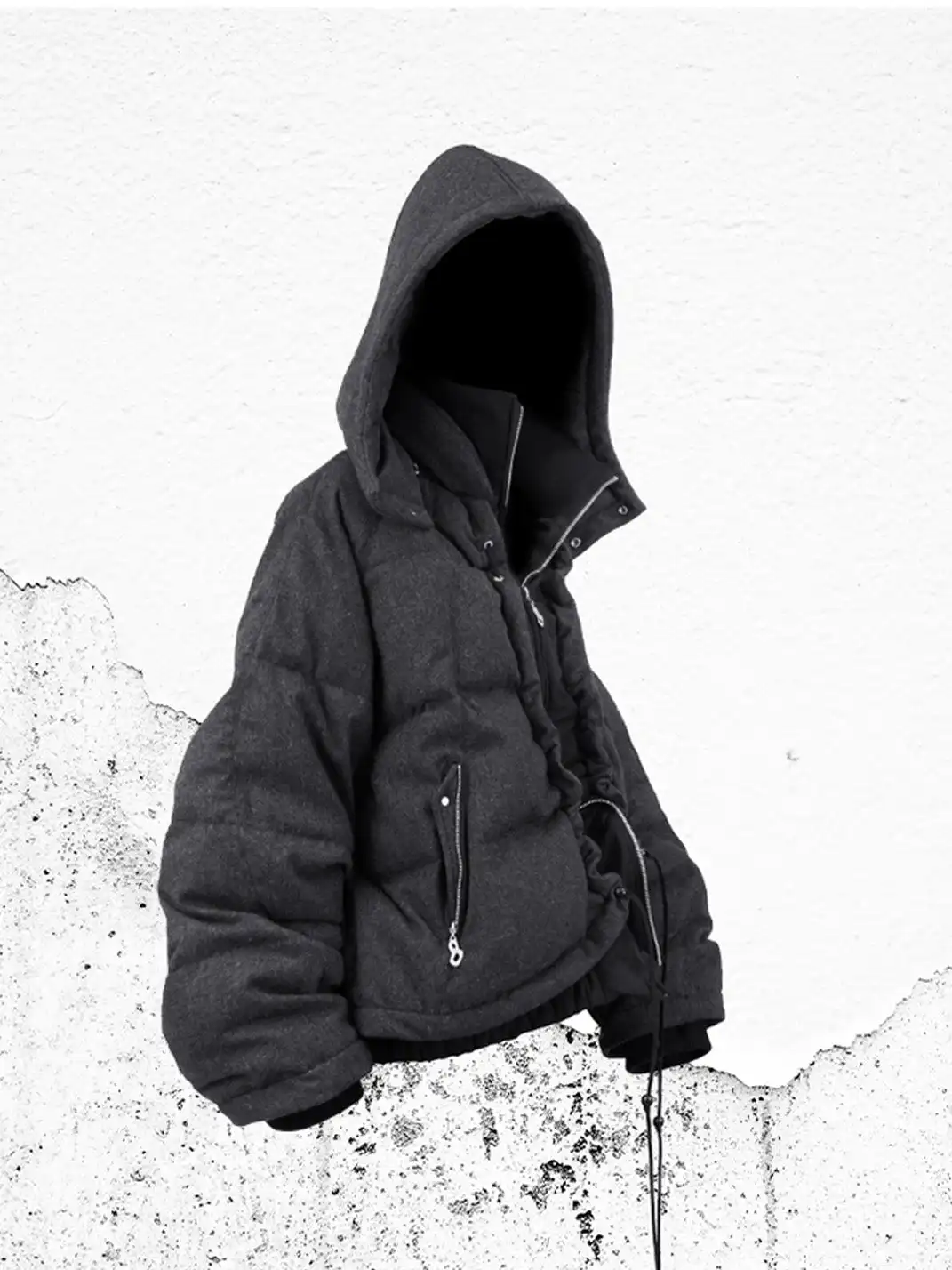 RELABEL | Layered Detachable Hood Wool-Blend Puffer Jacket