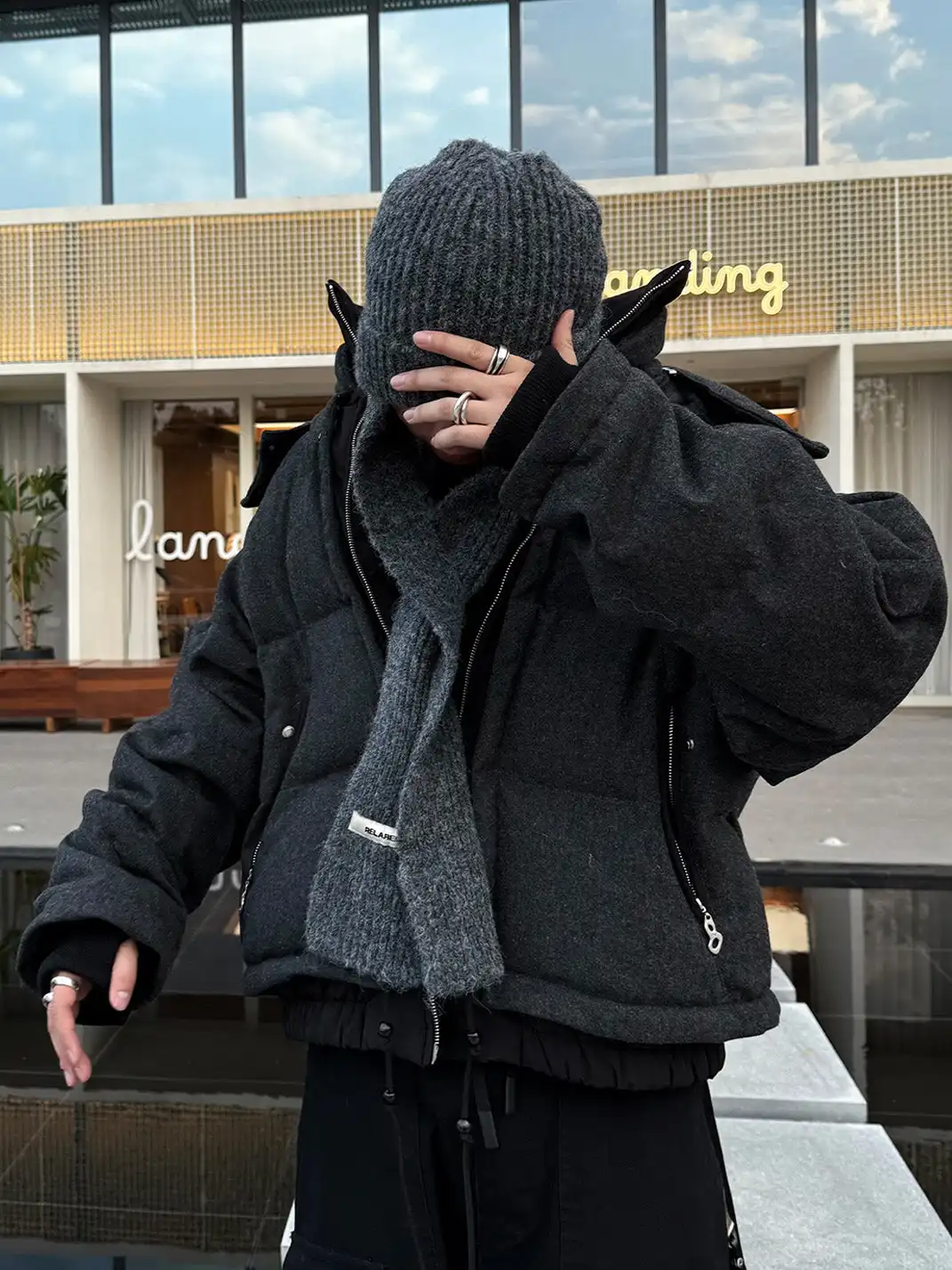 RELABEL | Layered Detachable Hood Wool-Blend Puffer Jacket