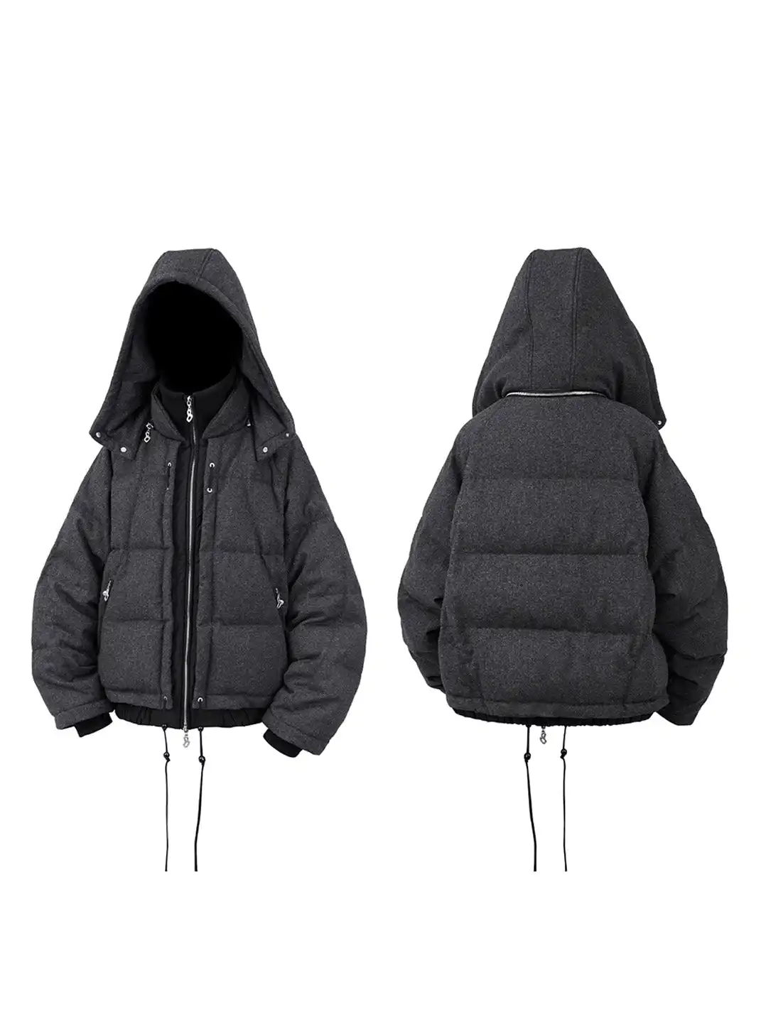 RELABEL | Layered Detachable Hood Wool-Blend Puffer Jacket