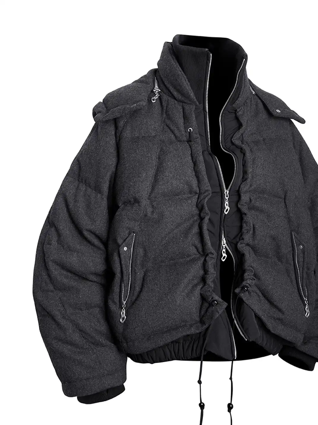 RELABEL | Layered Detachable Hood Wool-Blend Puffer Jacket