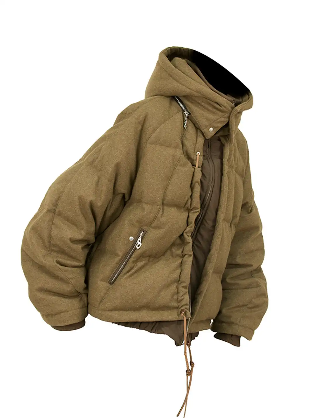 RELABEL | Layered Detachable Hood Wool-Blend Puffer Jacket