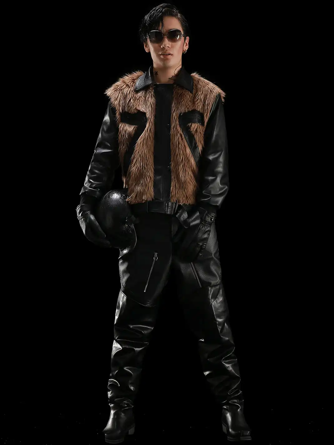 99CLUB | Motorcycle Leather-Sleeved Fur Jacket