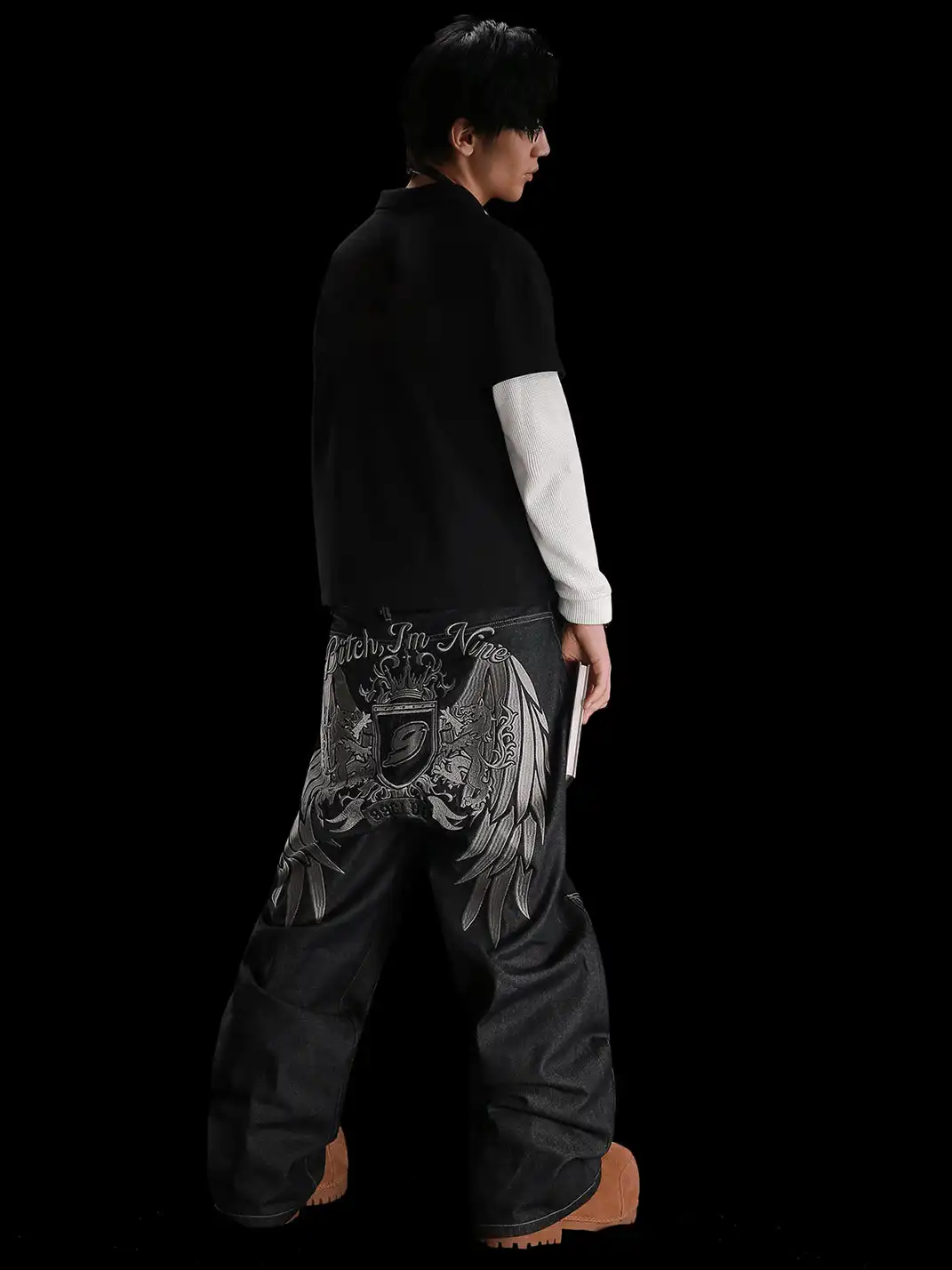 99CLUB | Embroidered Badge Straight-Leg Raw Denim Jeans