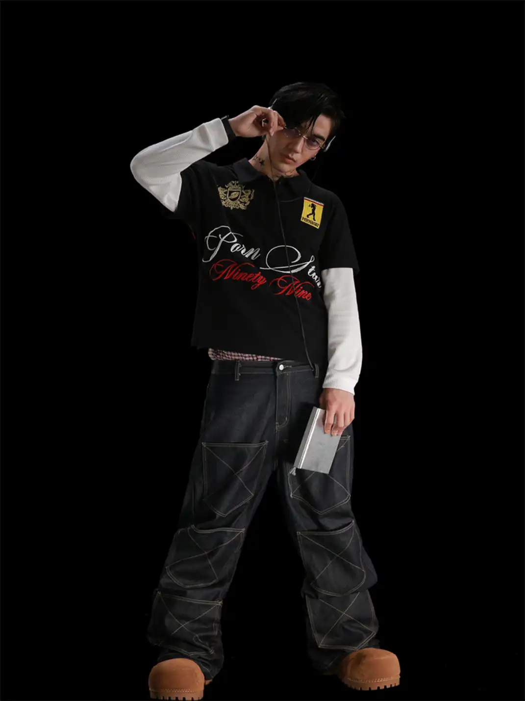 99CLUB | Embroidered Badge Straight-Leg Raw Denim Jeans
