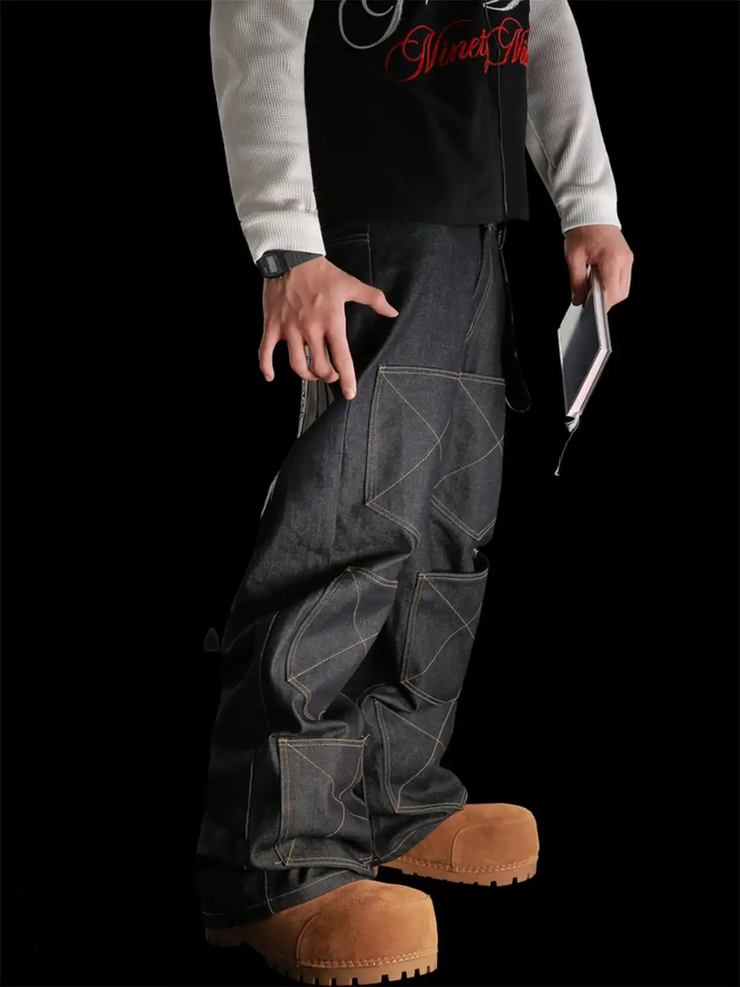 99CLUB | Embroidered Badge Straight-Leg Raw Denim Jeans