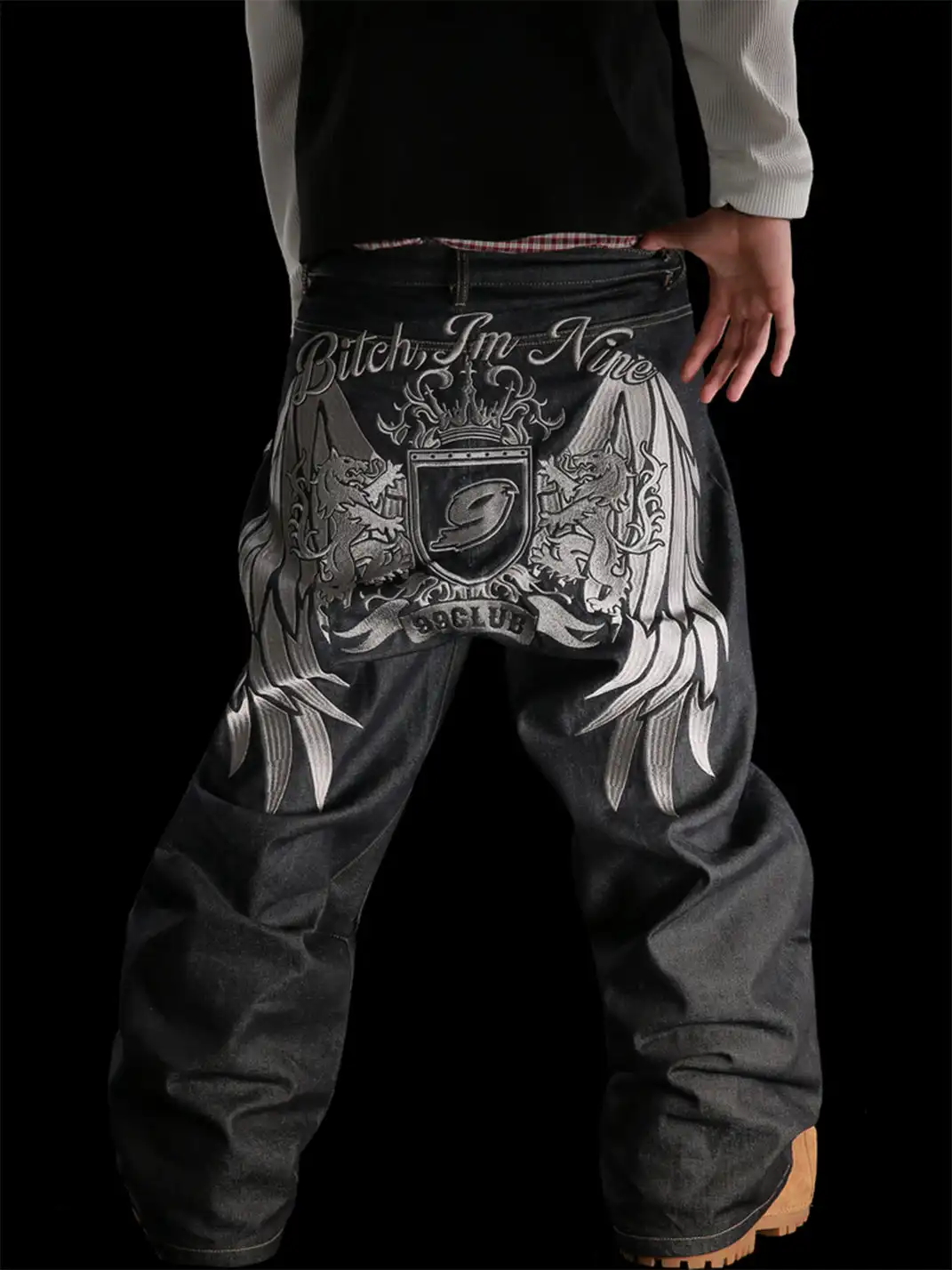 99CLUB | Embroidered Badge Straight-Leg Raw Denim Jeans