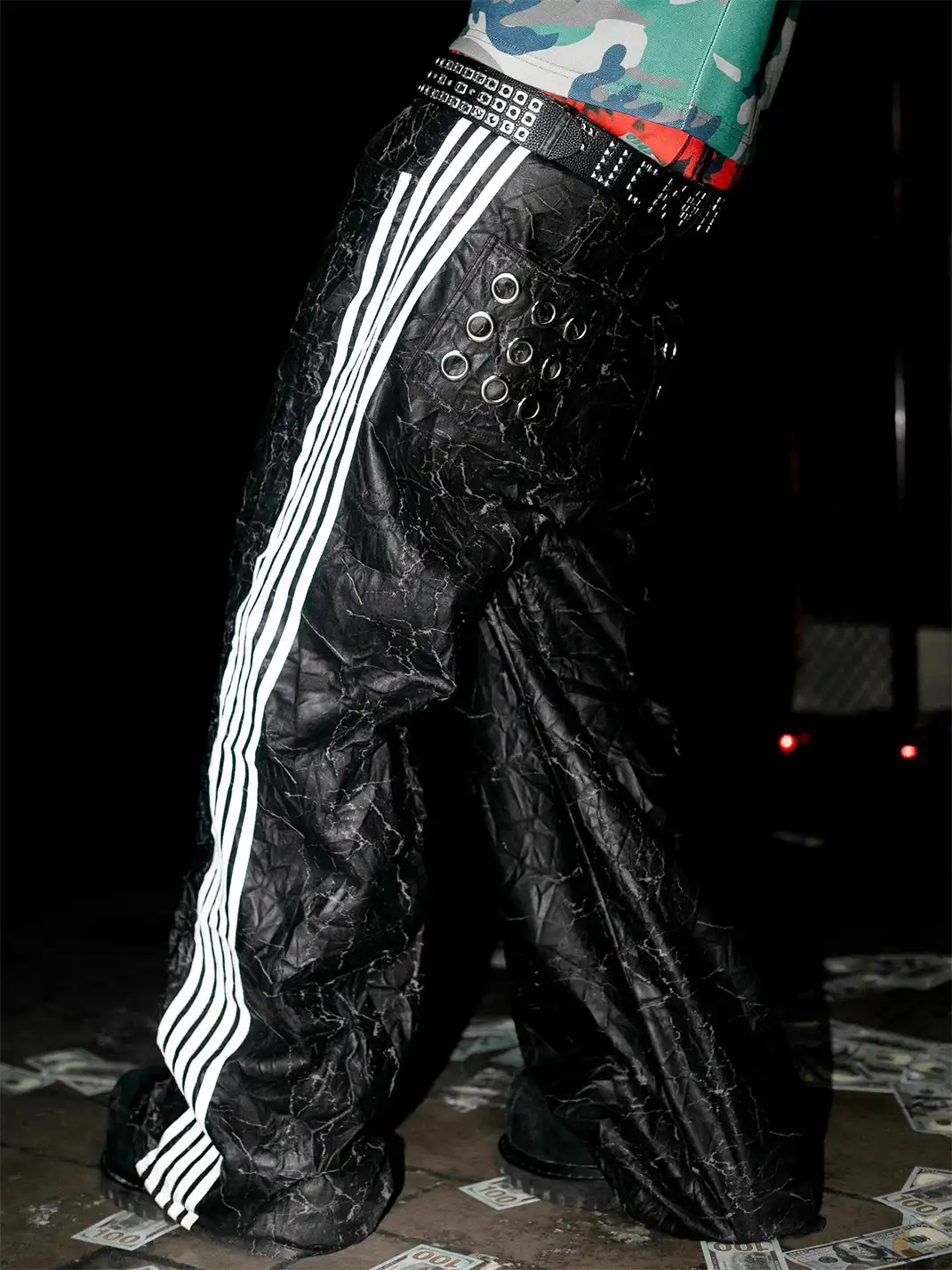 99CLUB | Five-Stripes Wrinkled Cracked Texture Leather Pants