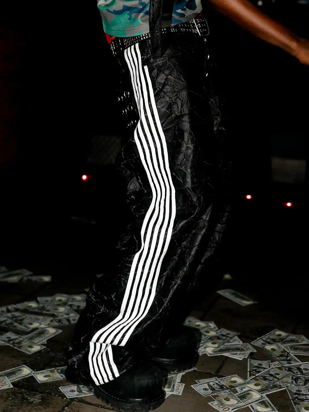 99CLUB | Five-Stripes Wrinkled Cracked Texture Leather Pants