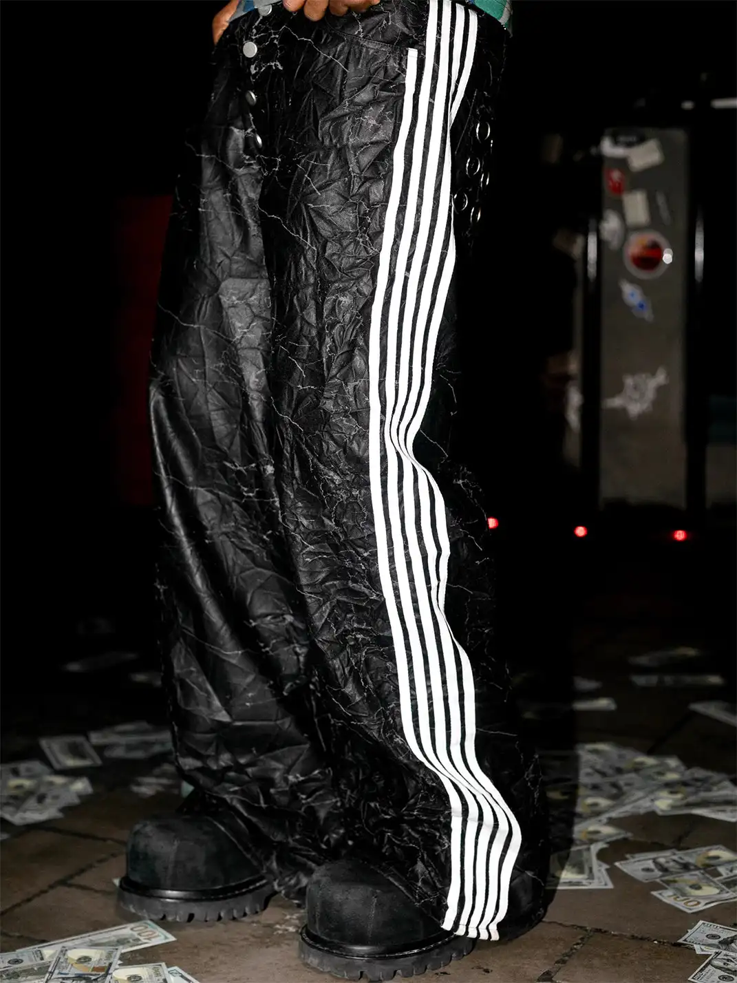99CLUB | Five-Stripes Wrinkled Cracked Texture Leather Pants