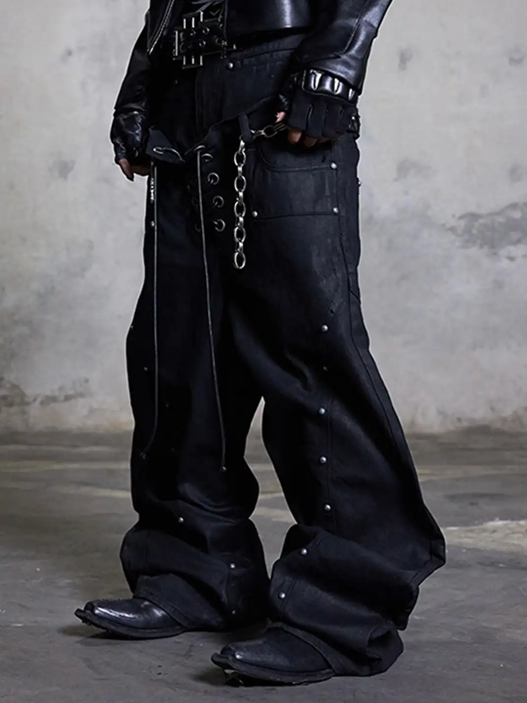 DARKRTPTS | Double Waist Drawstring Waxed Studded Denim Pants