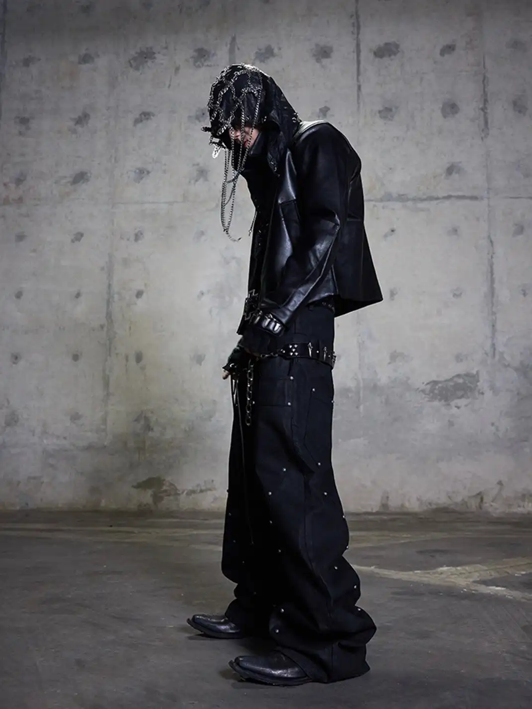 DARKRTPTS | Double Waist Drawstring Waxed Studded Denim Pants