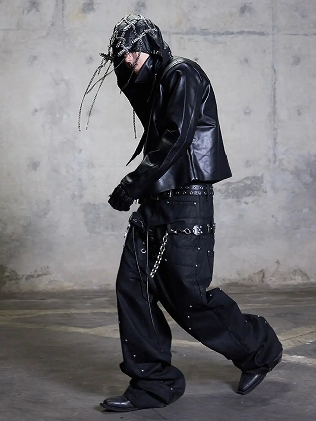 DARKRTPTS | Double Waist Drawstring Waxed Studded Denim Pants
