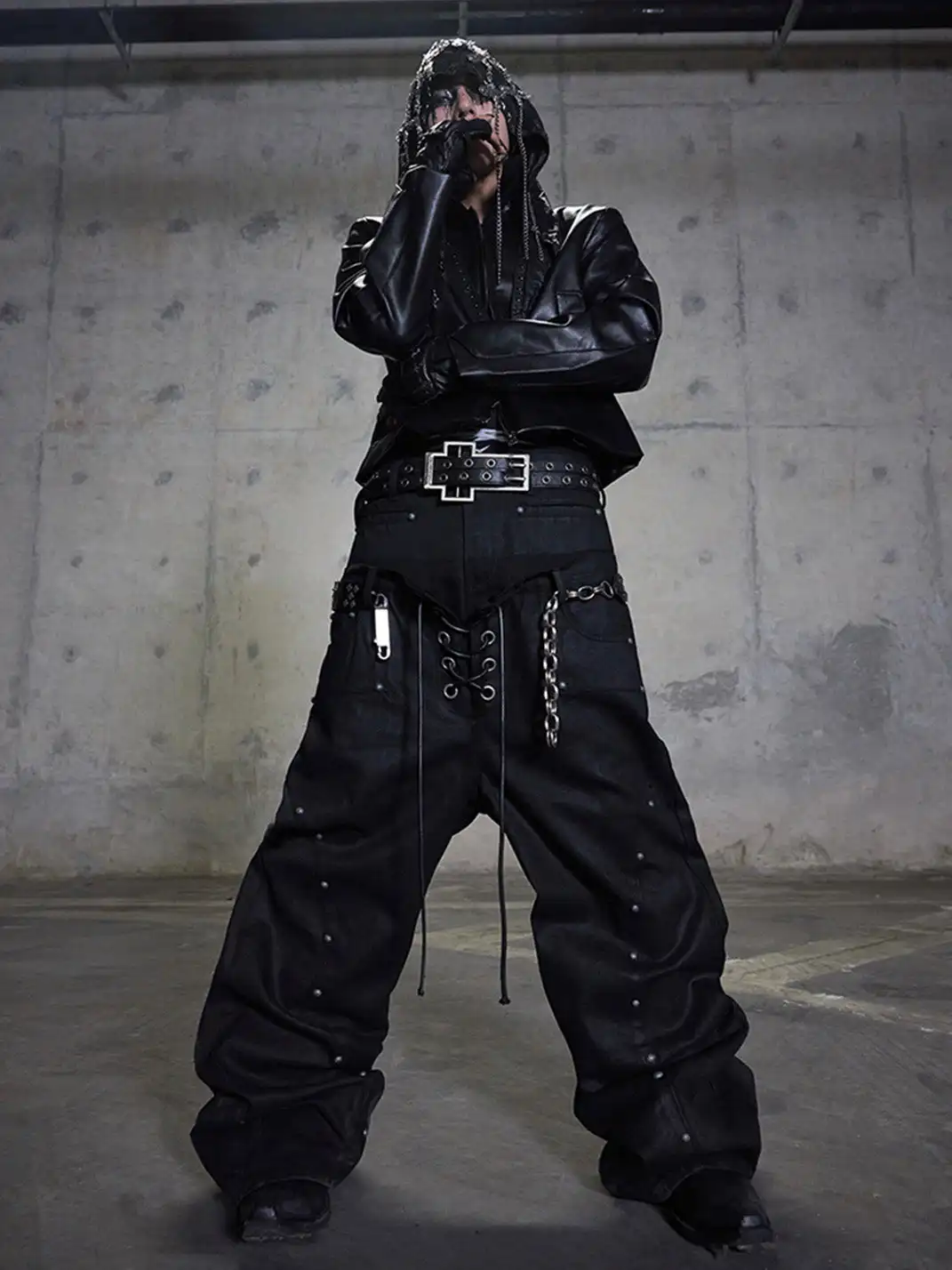 DARKRTPTS | Double Waist Drawstring Waxed Studded Denim Pants