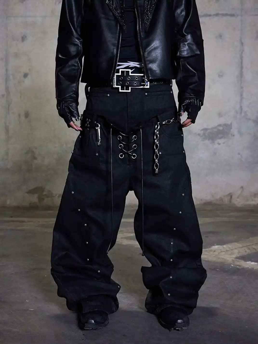 DARKRTPTS | Double Waist Drawstring Waxed Studded Denim Pants