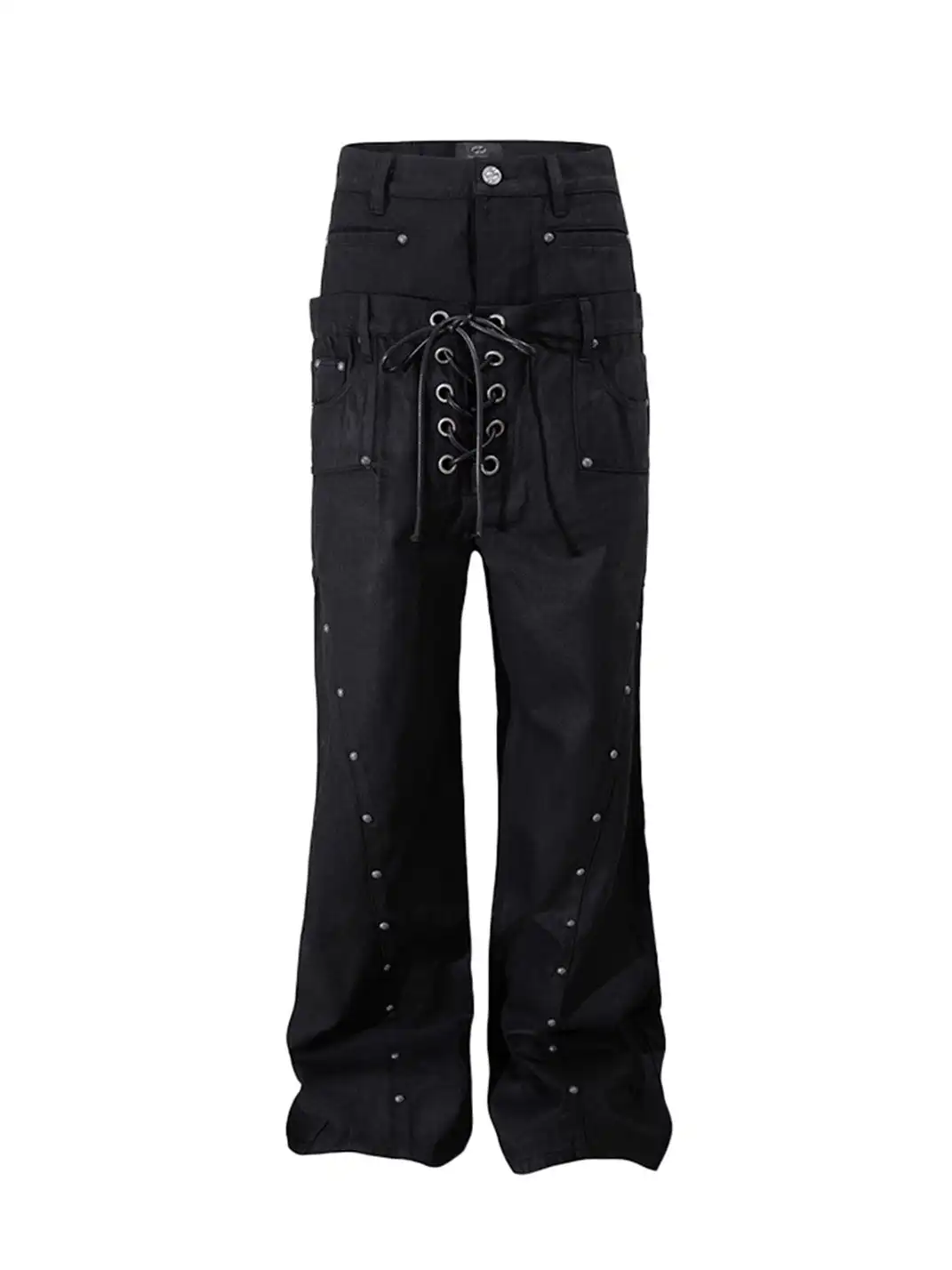 DARKRTPTS | Double Waist Drawstring Waxed Studded Denim Pants