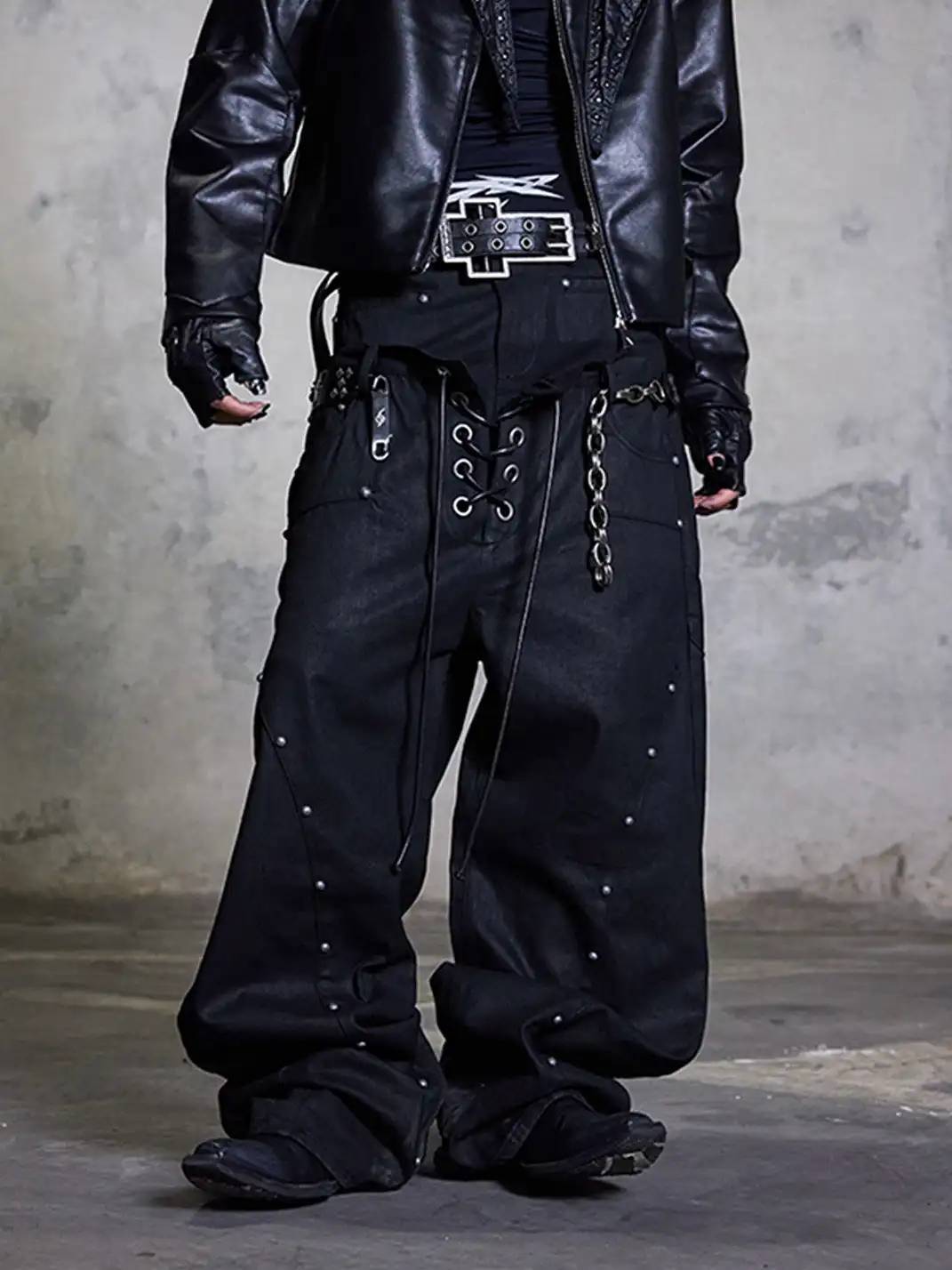 DARKRTPTS | Double Waist Drawstring Waxed Studded Denim Pants