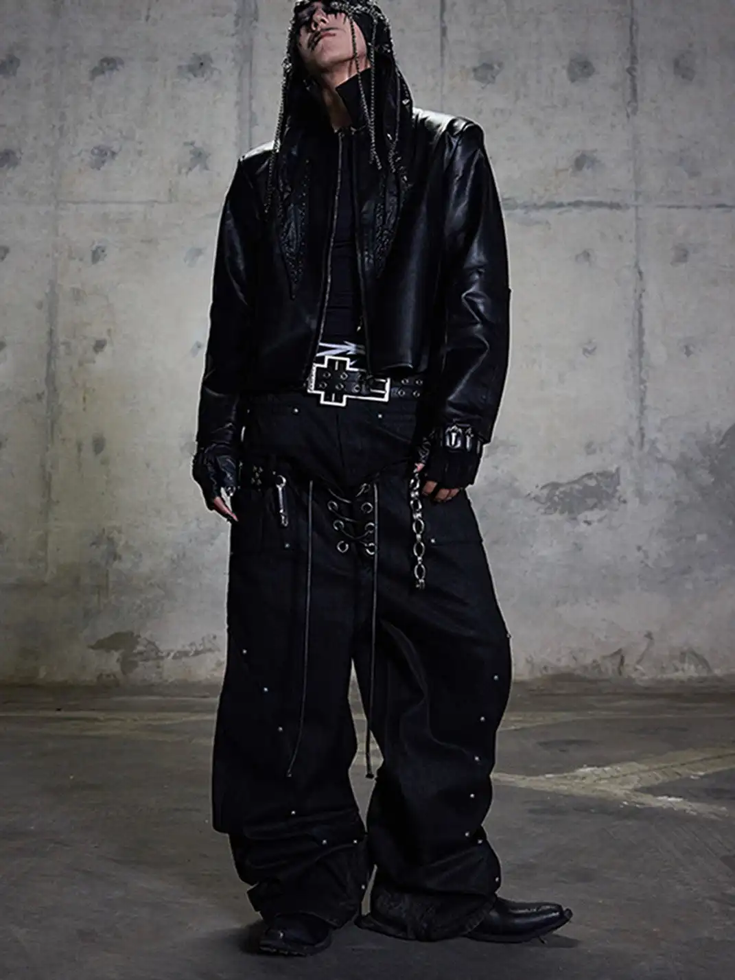 DARKRTPTS | Double Waist Drawstring Waxed Studded Denim Pants