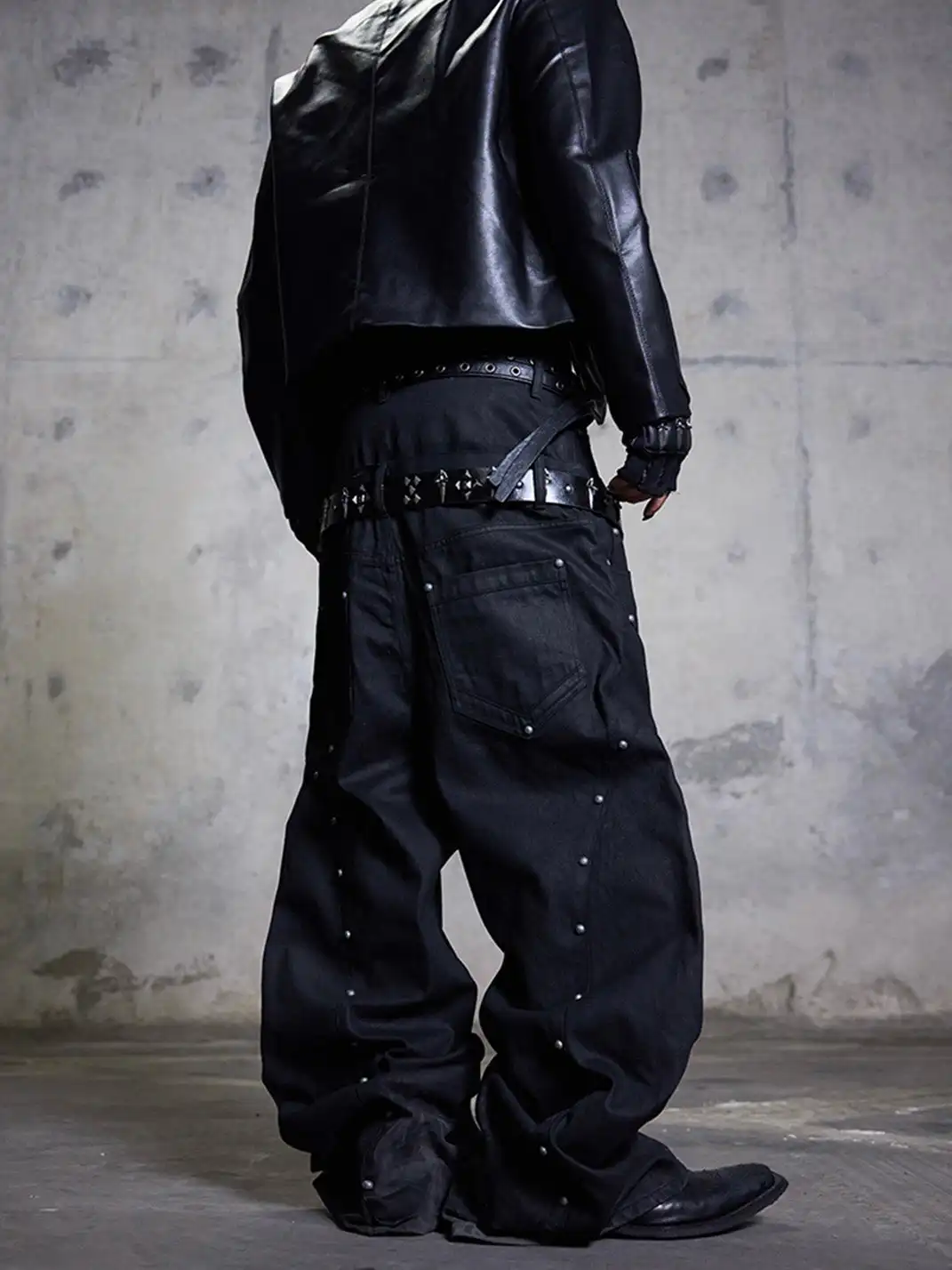 DARKRTPTS | Double Waist Drawstring Waxed Studded Denim Pants