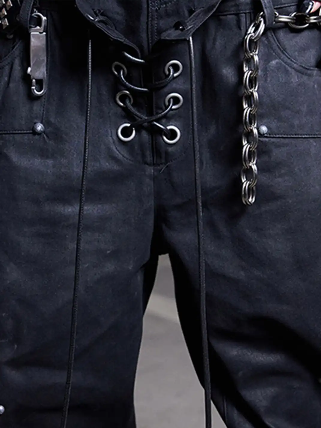 DARKRTPTS | Double Waist Drawstring Waxed Studded Denim Pants