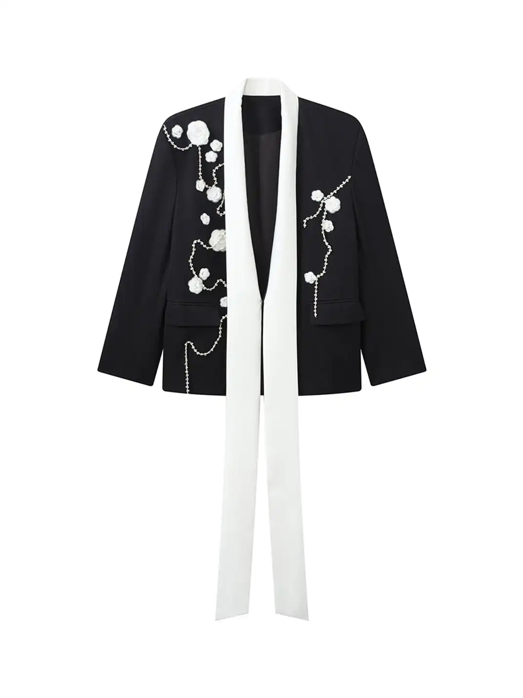JIECHI | Floral Embroidered Sash Tie Blazer