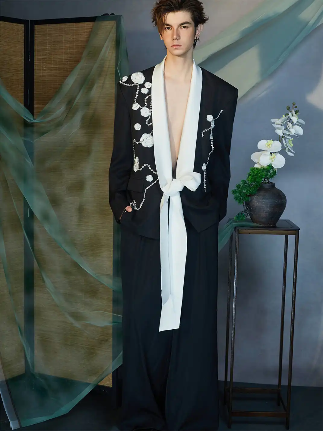JIECHI | Floral Embroidered Sash Tie Blazer