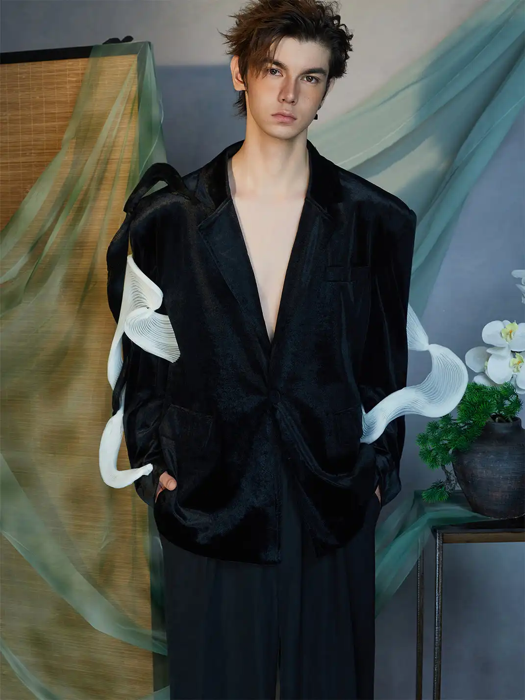 JIECHI | Velvet Deep V Blazer