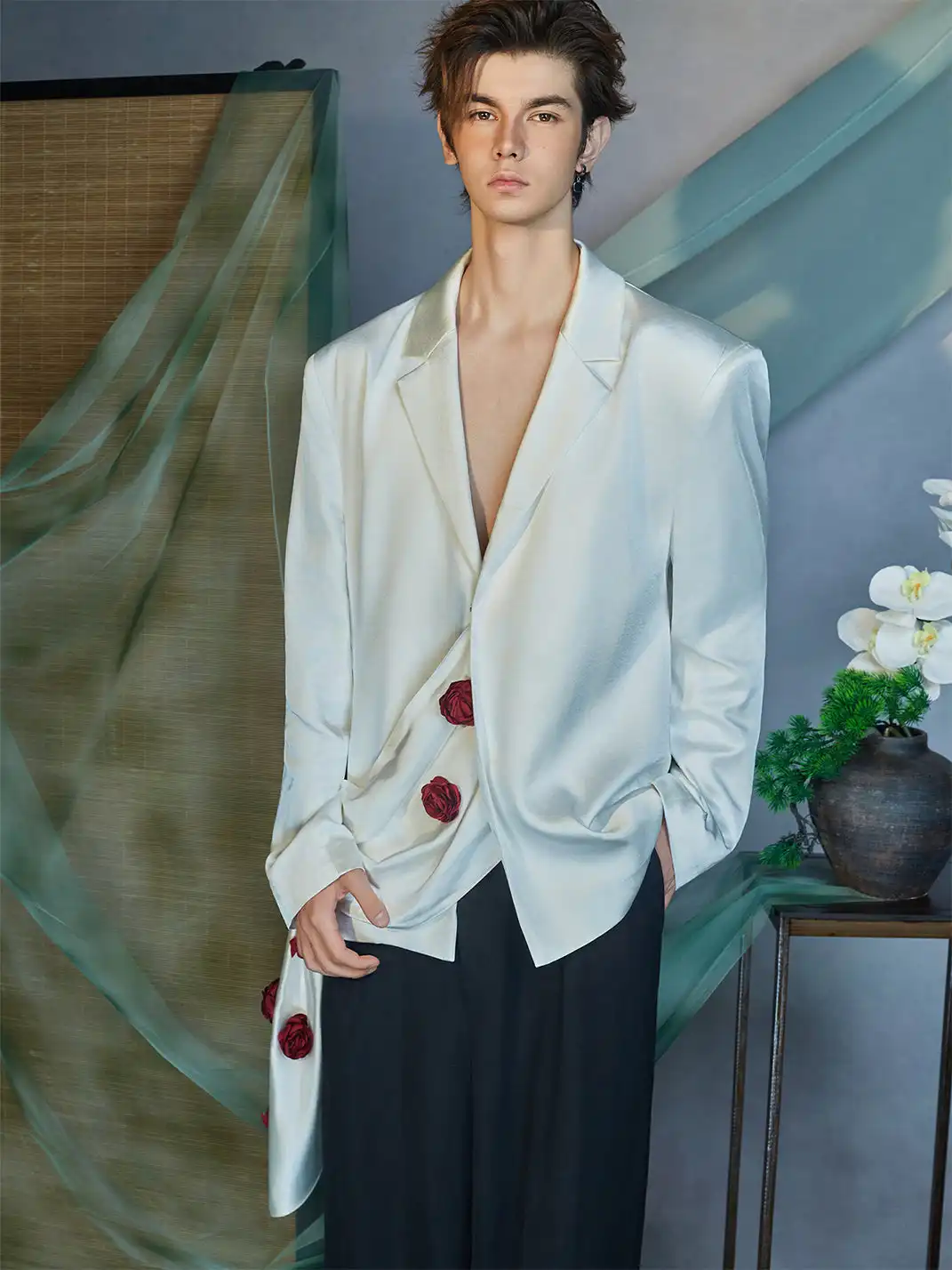 JIECHI | Rose Embellished Draped Satin Blazer