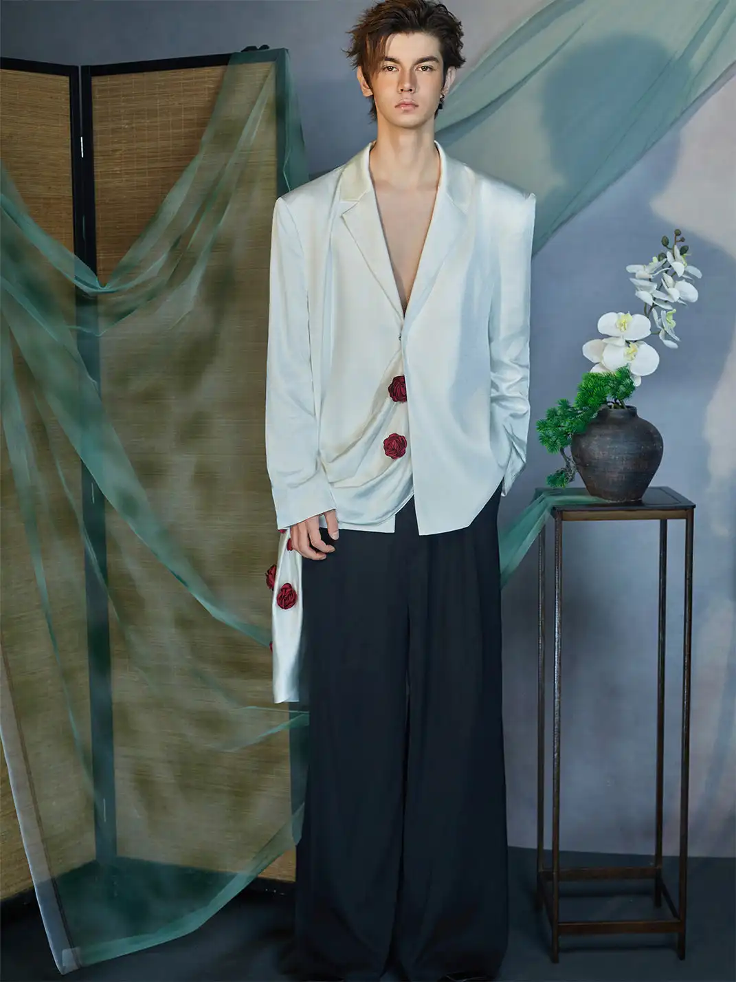 JIECHI | Rose Embellished Draped Satin Blazer