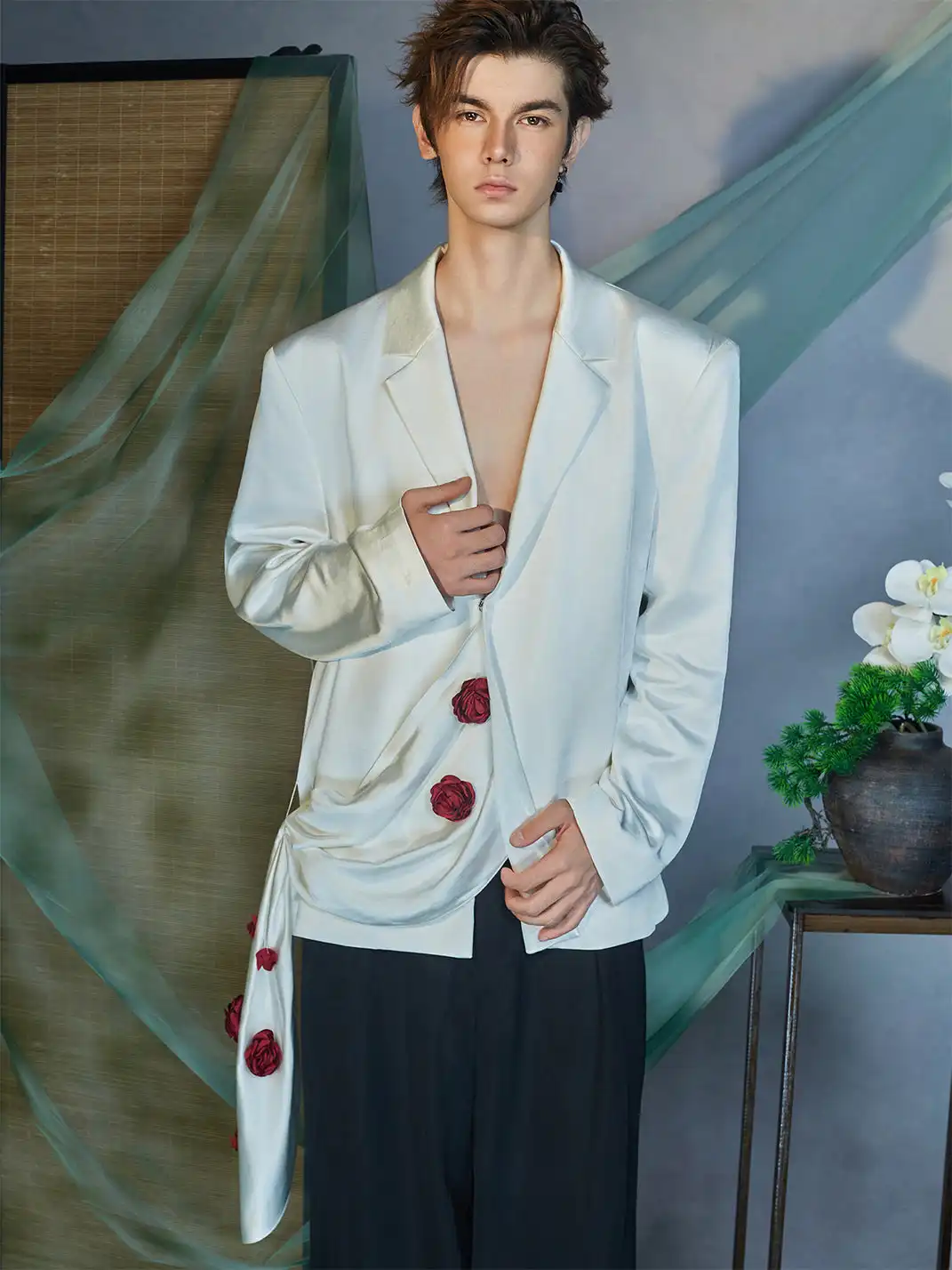 JIECHI | Rose Embellished Draped Satin Blazer