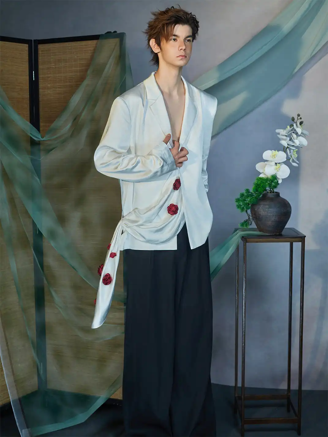 JIECHI | Rose Embellished Draped Satin Blazer