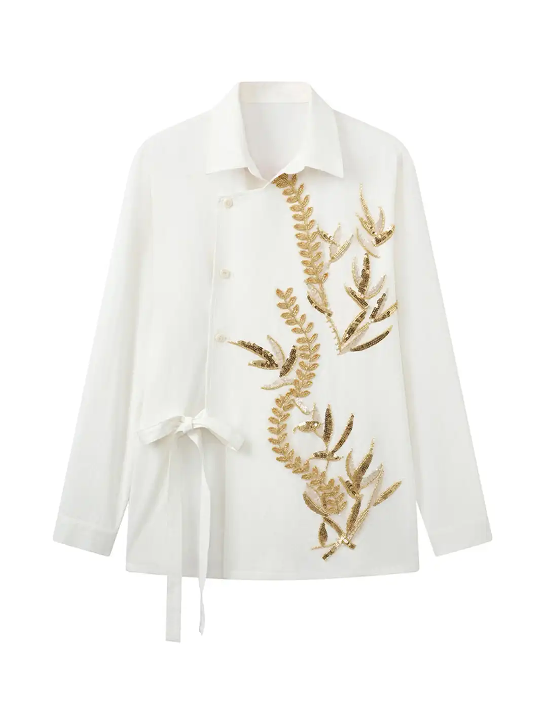 JIECHI | Sequin Leaf Embroidered Asymmetrical Wrap Shirt