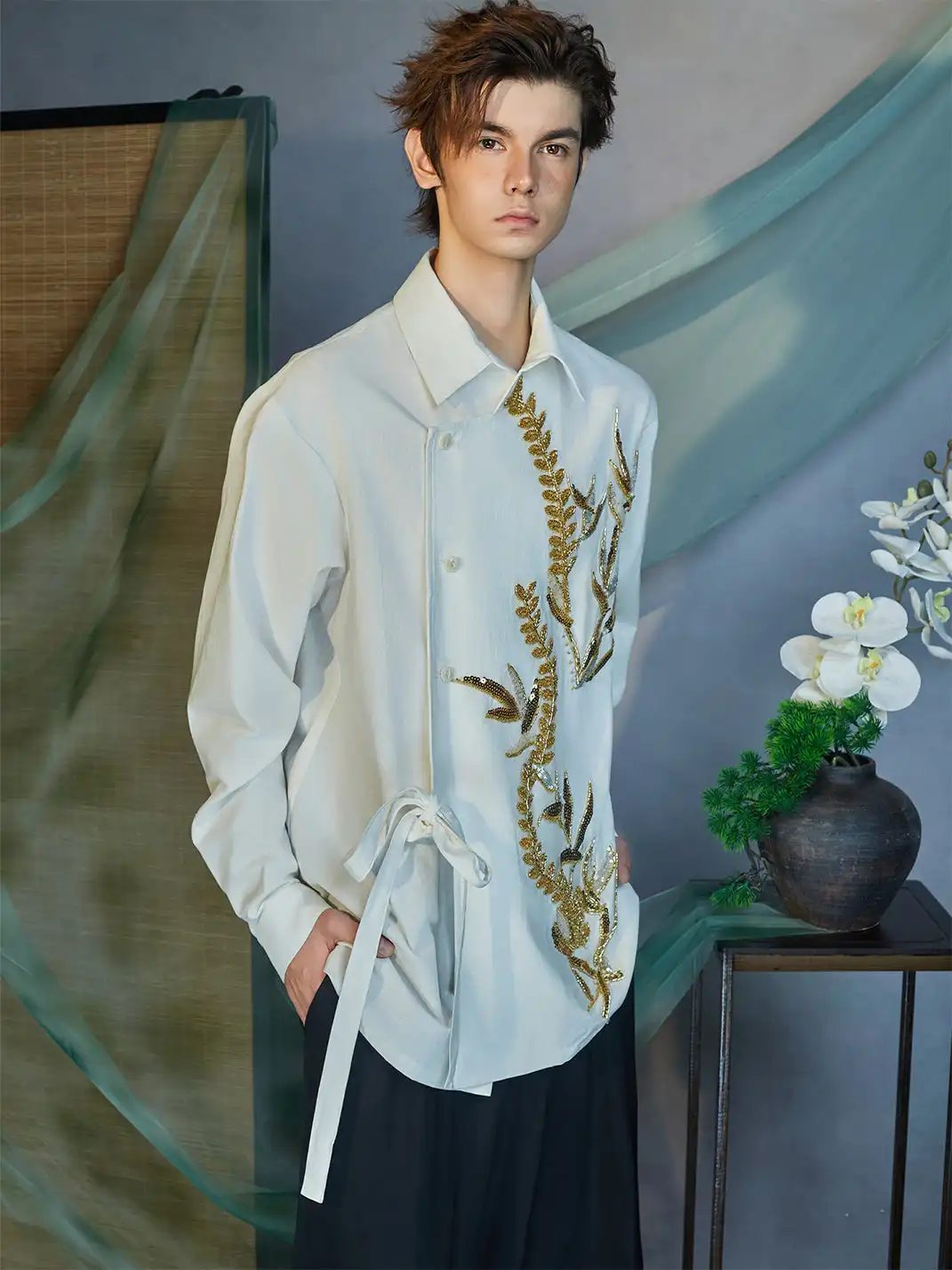JIECHI | Sequin Leaf Embroidered Asymmetrical Wrap Shirt