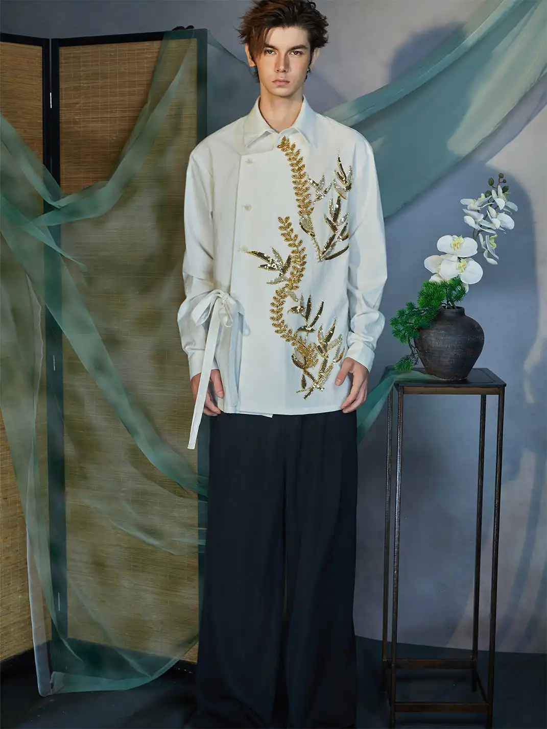 JIECHI | Sequin Leaf Embroidered Asymmetrical Wrap Shirt